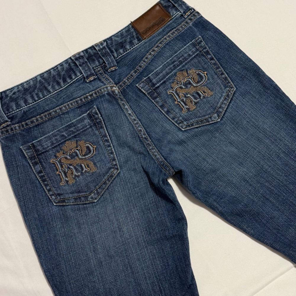 Express Stella Boot Leg Jeans Womens 4 Blue Denim Embroidered Crest Low Rise
